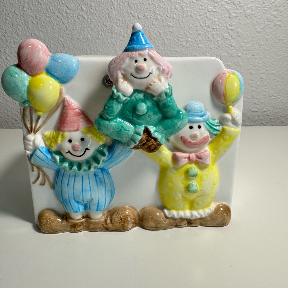Vintage Ceramic Clown Planter Desk Organizer 3D Circus Balloons Rotating Figure